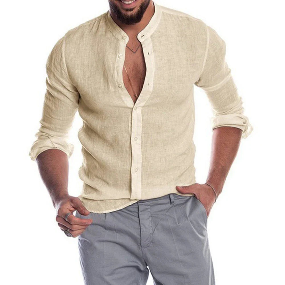 Cedar Men's Linen Shirt – Lightweight Stand-Up Collar for Summer Comfort