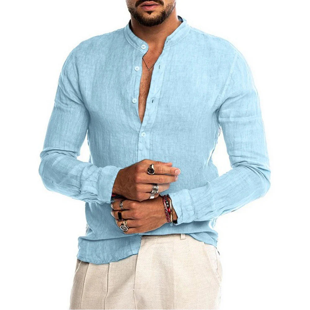 Cedar Men's Linen Shirt – Lightweight Stand-Up Collar for Summer Comfort