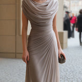 Draped Cowl Neck Ruched Maxi Dress - Elegant Evening Wedding Guest Dress