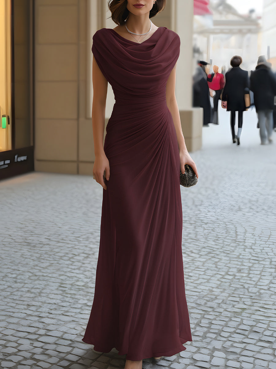Draped Cowl Neck Ruched Maxi Dress - Elegant Evening Wedding Guest Dress