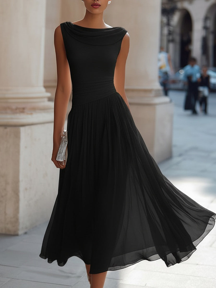 Draped Cowl Neck Sleeveless Pleated Midi Dress - Elegant Formal Wedding Guest Dress