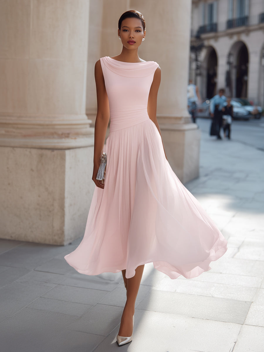 Draped Cowl Neck Sleeveless Pleated Midi Dress - Elegant Formal Wedding Guest Dress