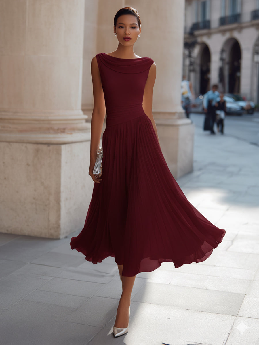 Draped Cowl Neck Sleeveless Pleated Midi Dress - Elegant Formal Wedding Guest Dress