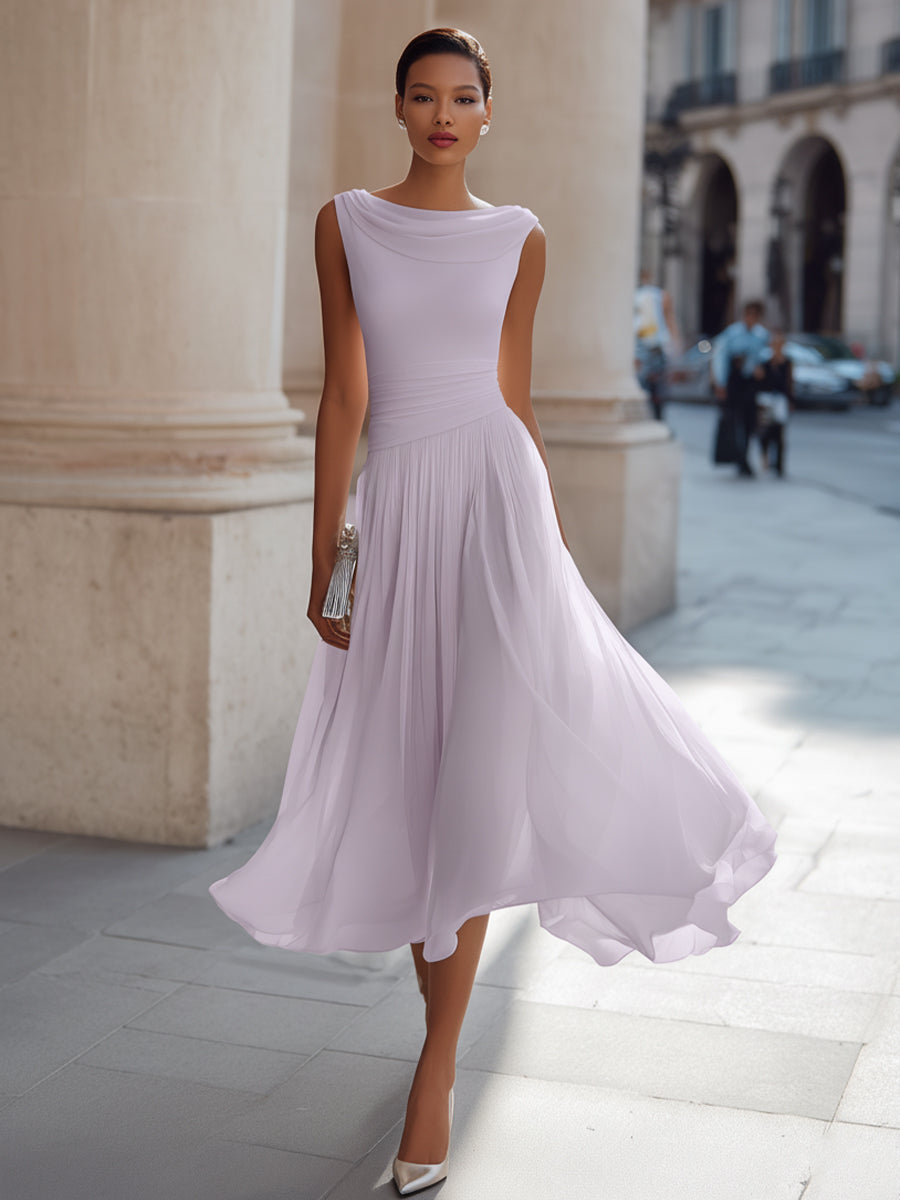 Draped Cowl Neck Sleeveless Pleated Midi Dress - Elegant Formal Wedding Guest Dress