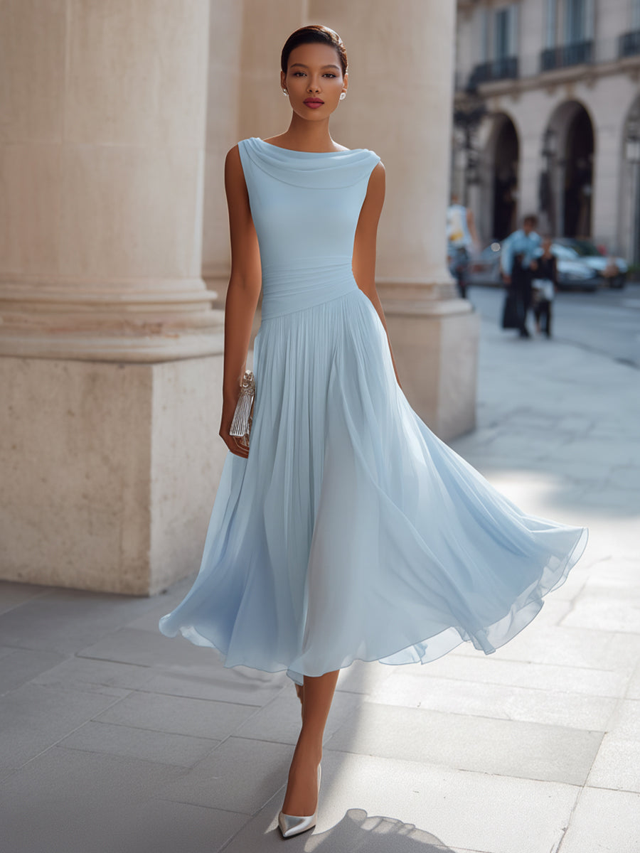 Draped Cowl Neck Sleeveless Pleated Midi Dress - Elegant Formal Wedding Guest Dress
