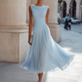 Draped Cowl Neck Sleeveless Pleated Midi Dress - Elegant Formal Wedding Guest Dress
