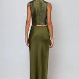 Draped High Neck Beaded Top and Satin Maxi Skirt Two-Piece Set