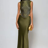Draped High Neck Beaded Top and Satin Maxi Skirt Two-Piece Set