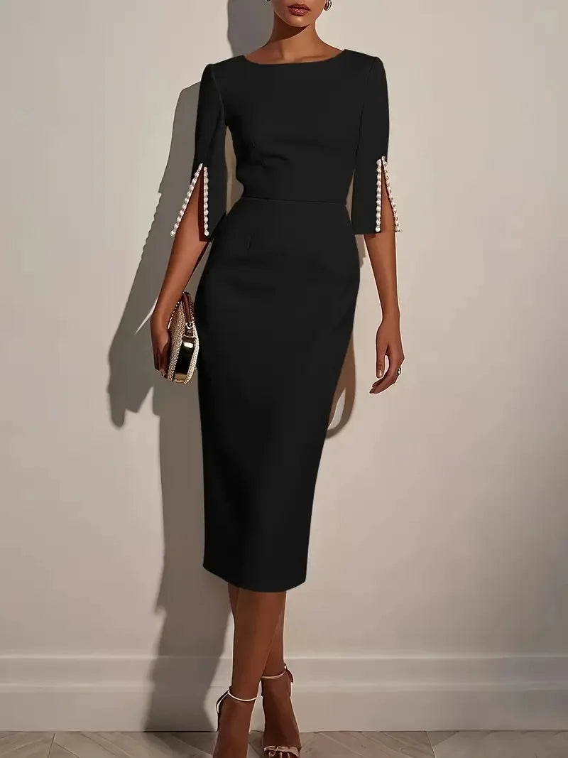 Elegant Commuter Dress – Comfortable Solid Color Slim Fit Evening Outfit
