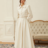 Faux Pearl Cropped Jacket and Pleated A-Line Skirt Two-Piece Set