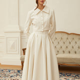 Faux Pearl Cropped Jacket and Pleated A-Line Skirt Two-Piece Set