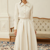Faux Pearl Cropped Jacket and Pleated A-Line Skirt Two-Piece Set