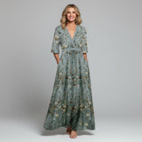 Floral Embroidered V-Neck Maxi Dress with Gold Detail - Summer Wedding Guest Dress