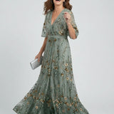 Floral Embroidered V-Neck Maxi Dress with Gold Detail - Summer Wedding Guest Dress