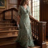 Floral Embroidered V-Neck Maxi Dress with Gold Detail - Summer Wedding Guest Dress