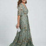 Floral Embroidered V-Neck Maxi Dress with Gold Detail - Summer Wedding Guest Dress