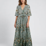 Floral Embroidered V-Neck Maxi Dress with Gold Detail - Summer Wedding Guest Dress