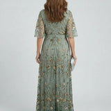 Floral Embroidered V-Neck Maxi Dress with Gold Detail - Summer Wedding Guest Dress