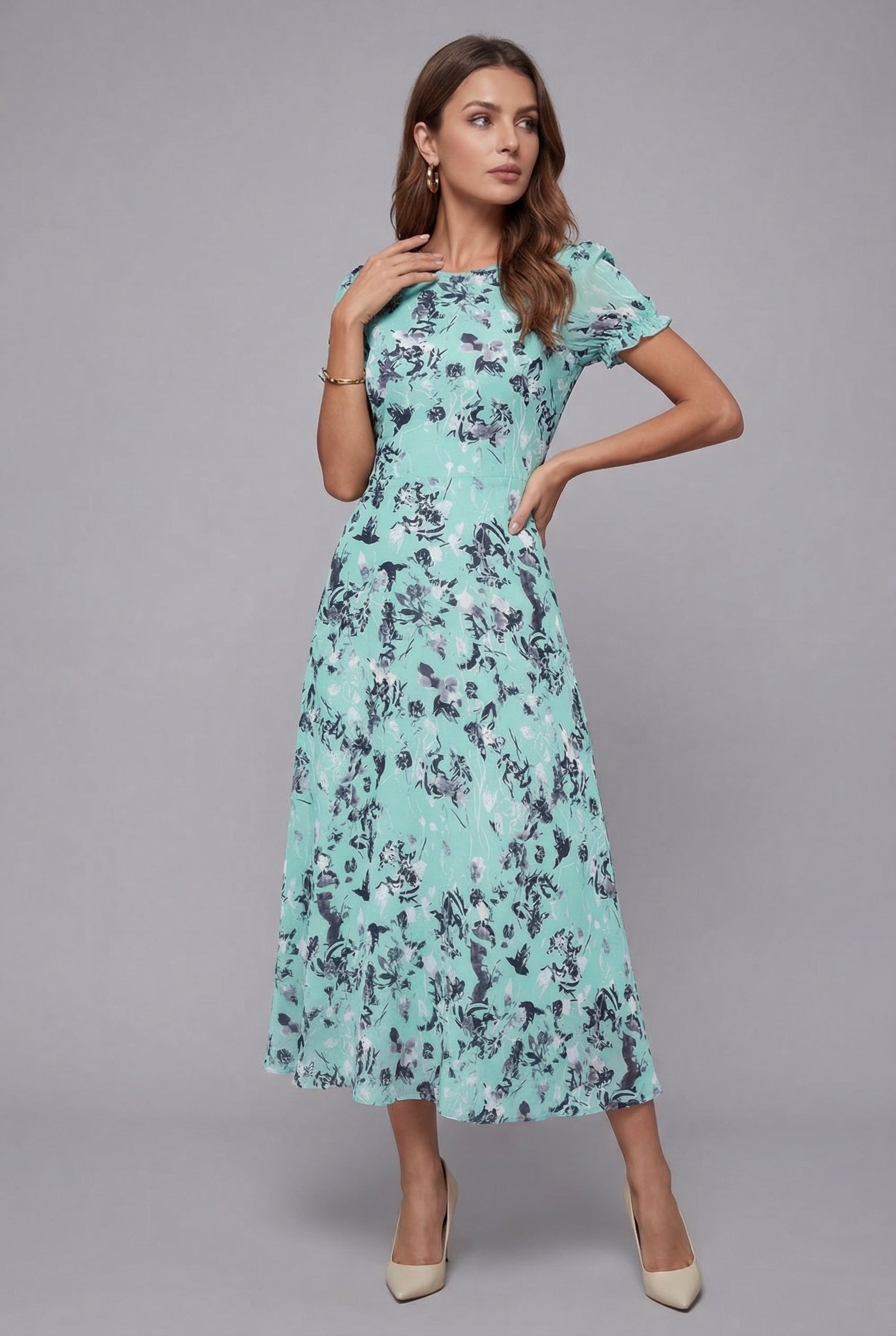 Floral Print Crew Neck Short Sleeve Chiffon Midi Dress for Women