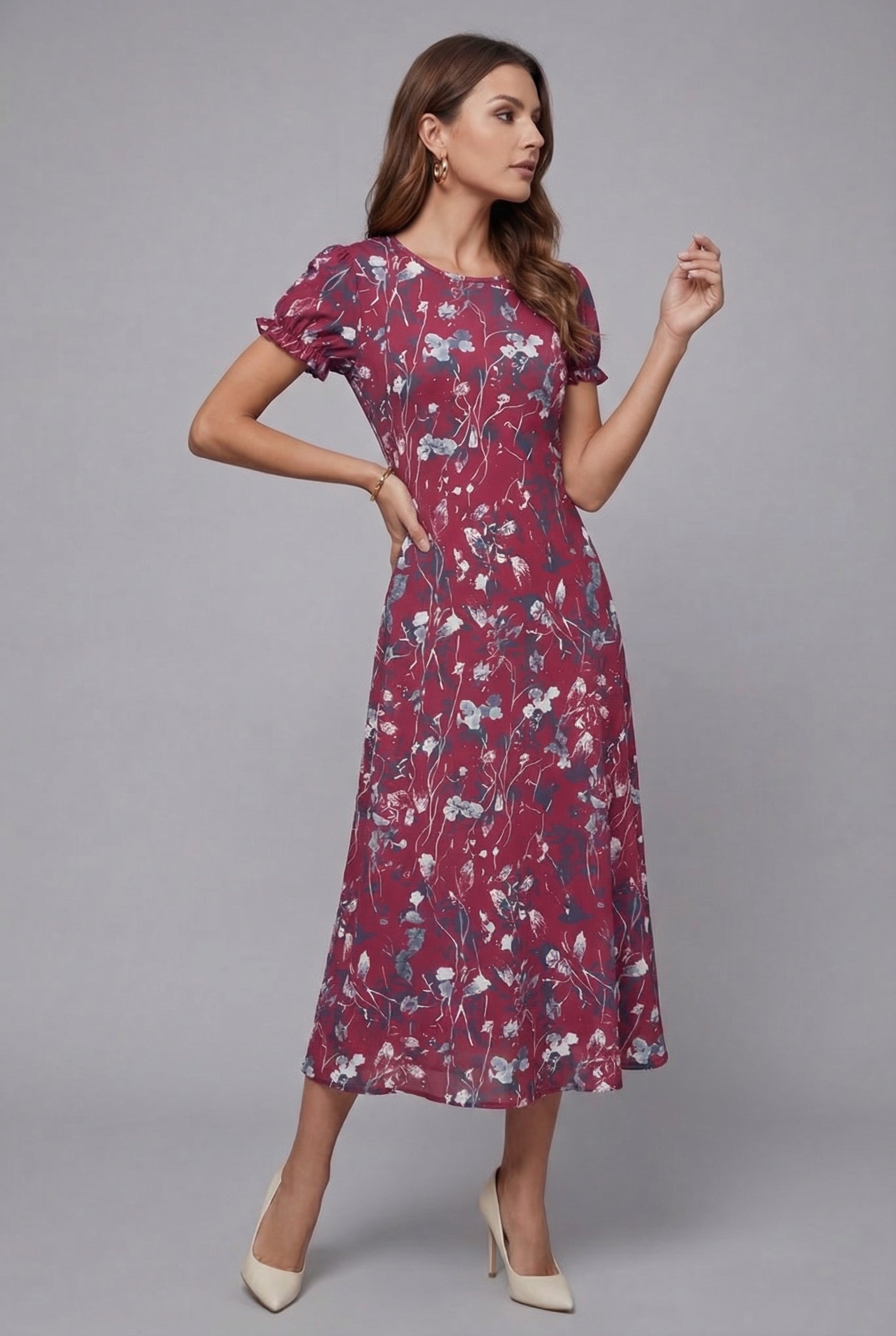 Floral Print Crew Neck Short Sleeve Chiffon Midi Dress for Women