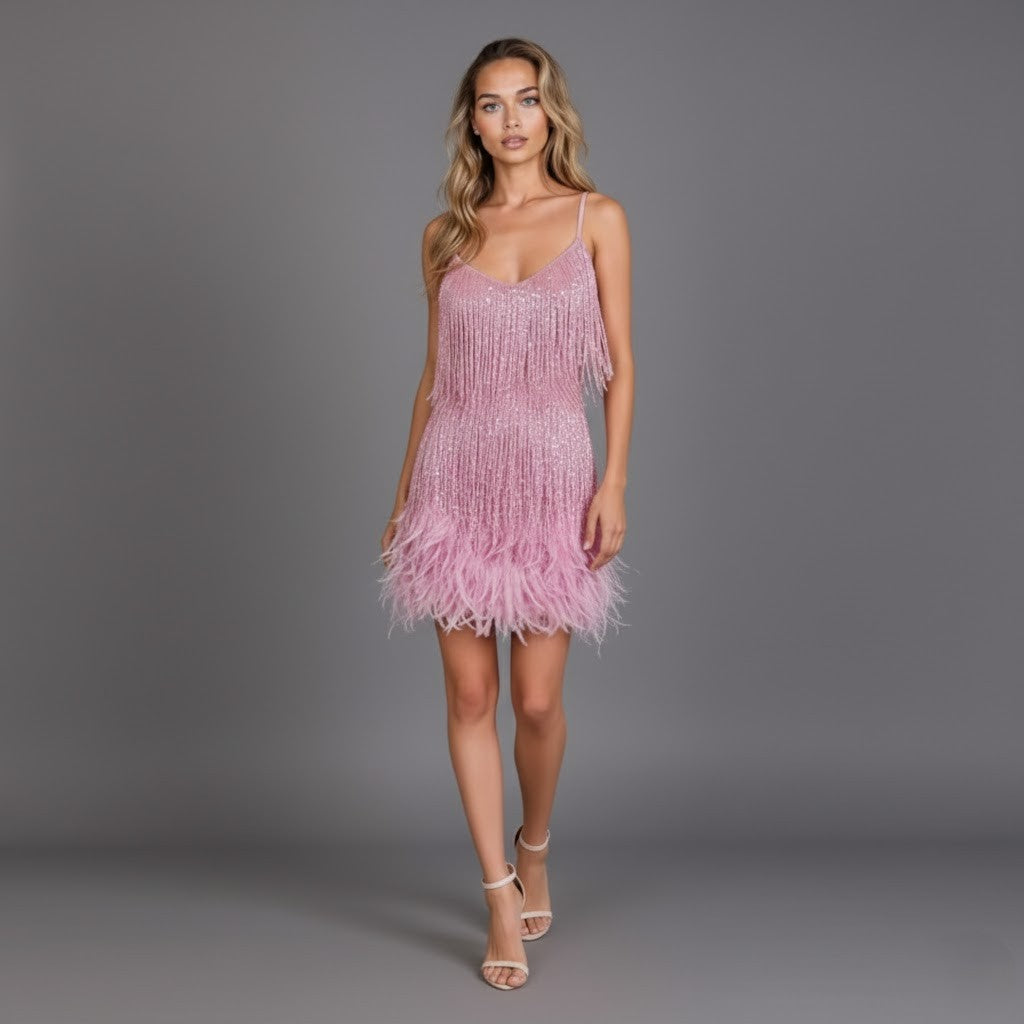 Fringe and Feather Embellished Spaghetti Strap Mini Party Dress