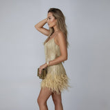 Fringe and Feather Embellished Spaghetti Strap Mini Party Dress