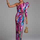 Yllana - Purple Puff One Shoulder Midi Dress