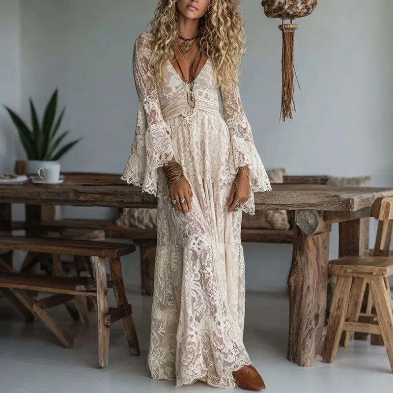 Lace Maxi Dress – Elegant Deep V Neck Formal Style for Wedding Guests