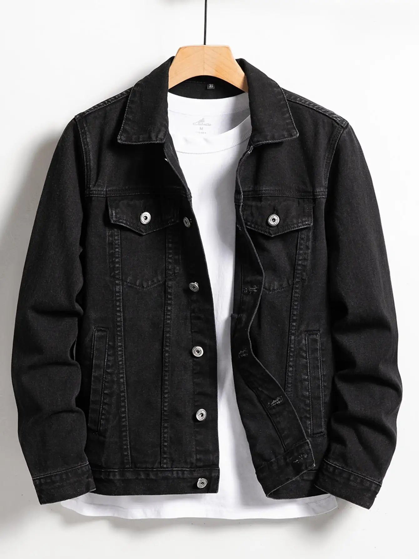 Men's Black Denim Jacket – Classic Lapel Design for Casual Style