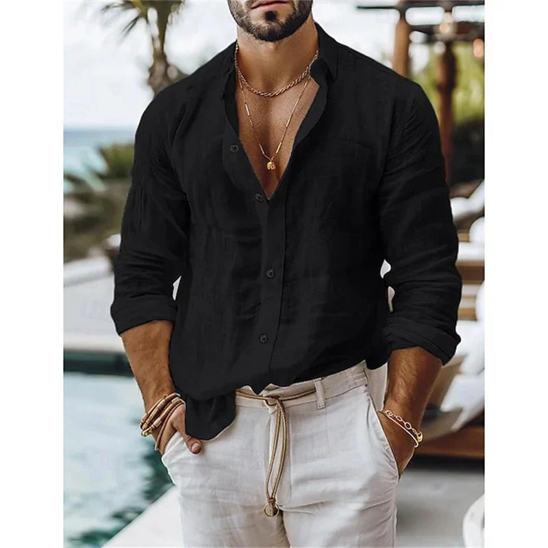 Men's Blue Casual Shirt – Breathable Cotton-Linen Blend for Summer Comfort