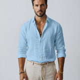 Men's Blue Casual Shirt – Breathable Cotton-Linen Blend for Summer Comfort