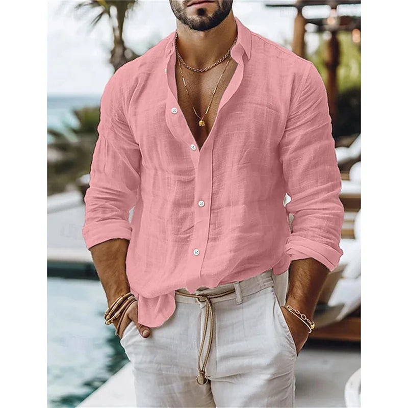 Men's Blue Casual Shirt – Breathable Cotton-Linen Blend for Summer Comfort