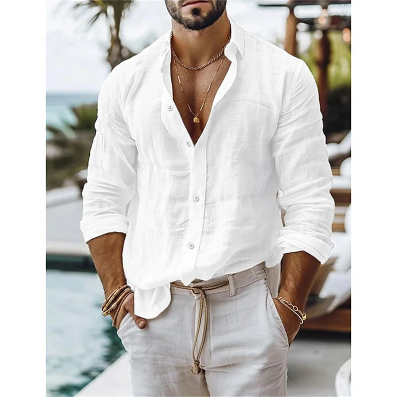 Men's Blue Casual Shirt – Breathable Cotton-Linen Blend for Summer Comfort