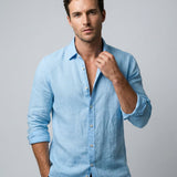 Men's Blue Casual Shirt – Breathable Cotton-Linen Blend for Summer Comfort