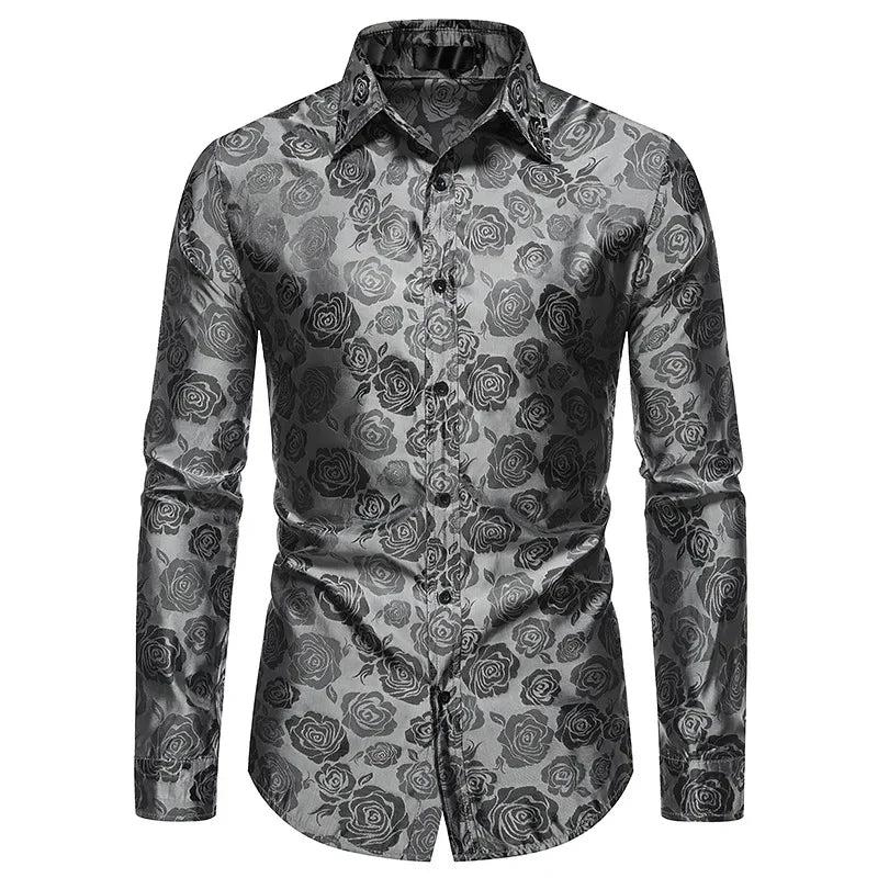 Men's Rose Print Shirt – Elegant Long Sleeve Floral Design for Formal Events