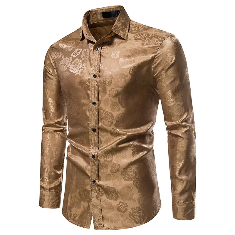 Men's Rose Print Shirt – Elegant Long Sleeve Floral Design for Formal Events