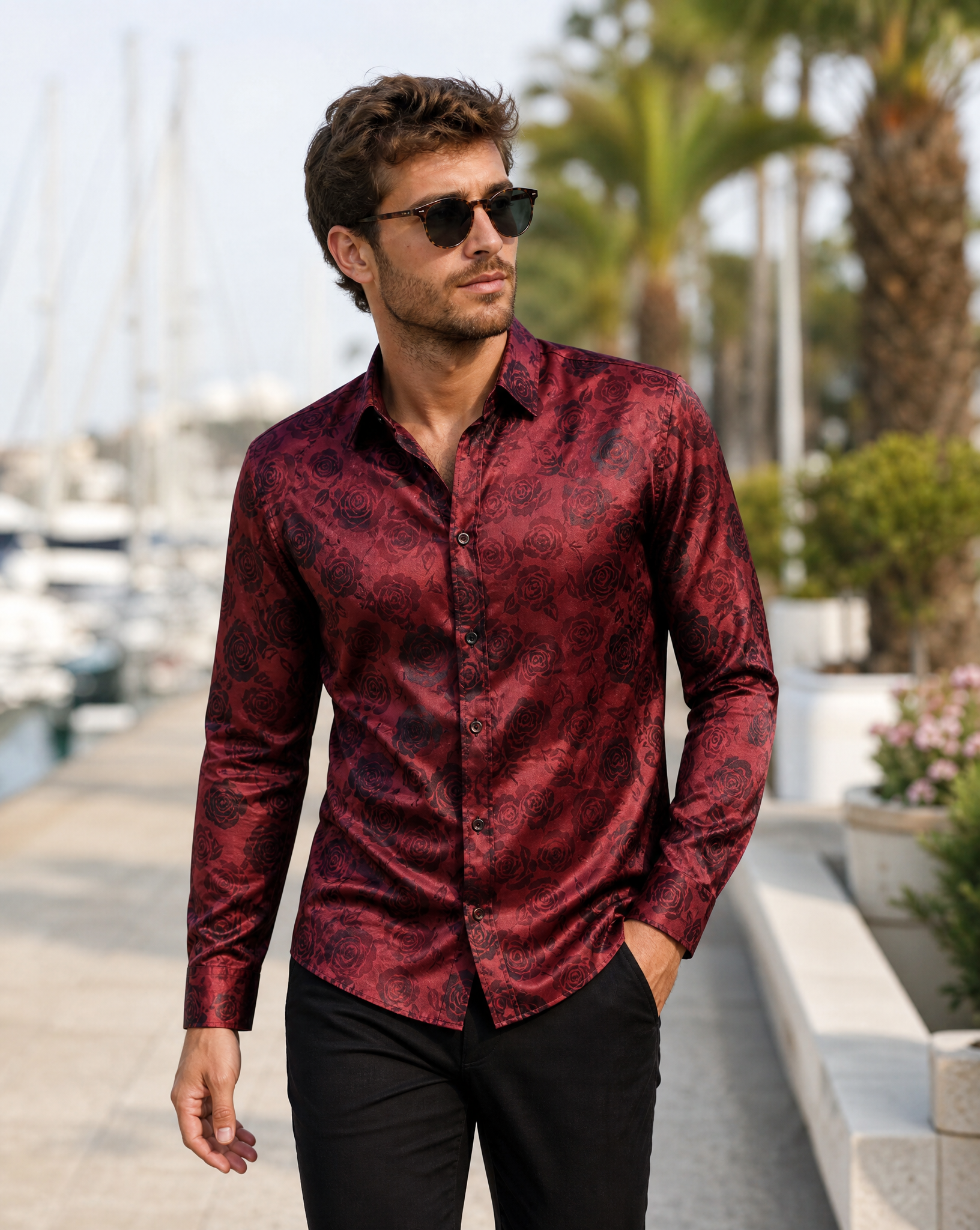 Men's Rose Print Shirt – Elegant Long Sleeve Floral Design for Formal Events