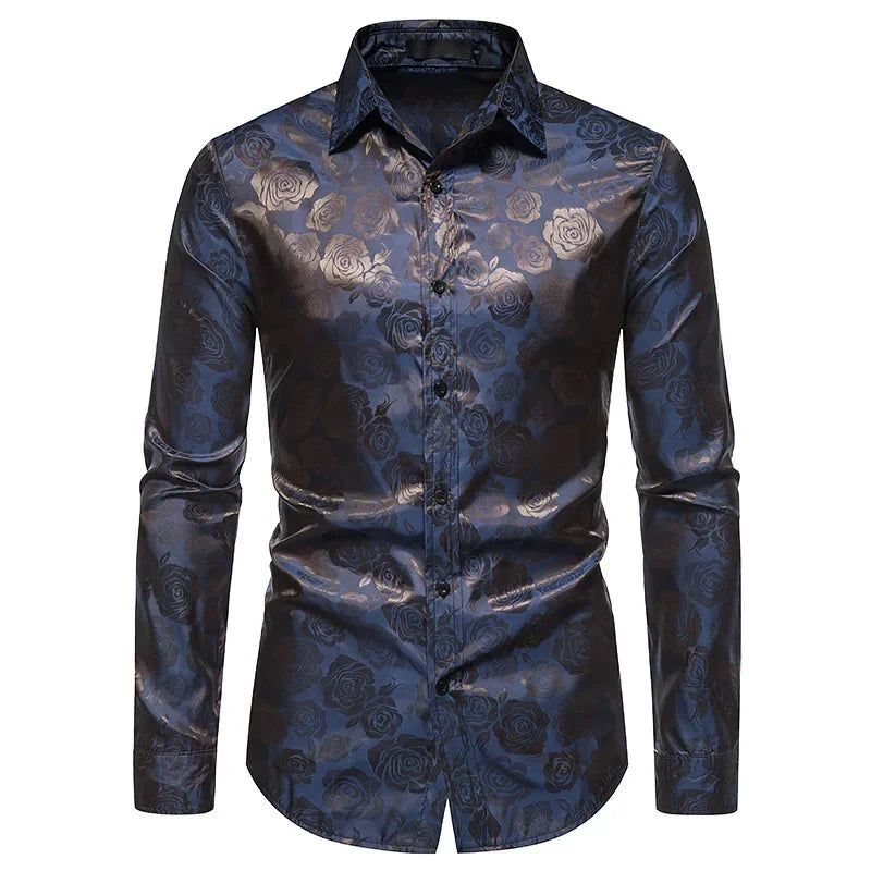 Men's Rose Print Shirt – Elegant Long Sleeve Floral Design for Formal Events