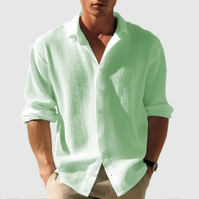 Men's Waffle Blouse – Casual Long Sleeve Button-Up Top