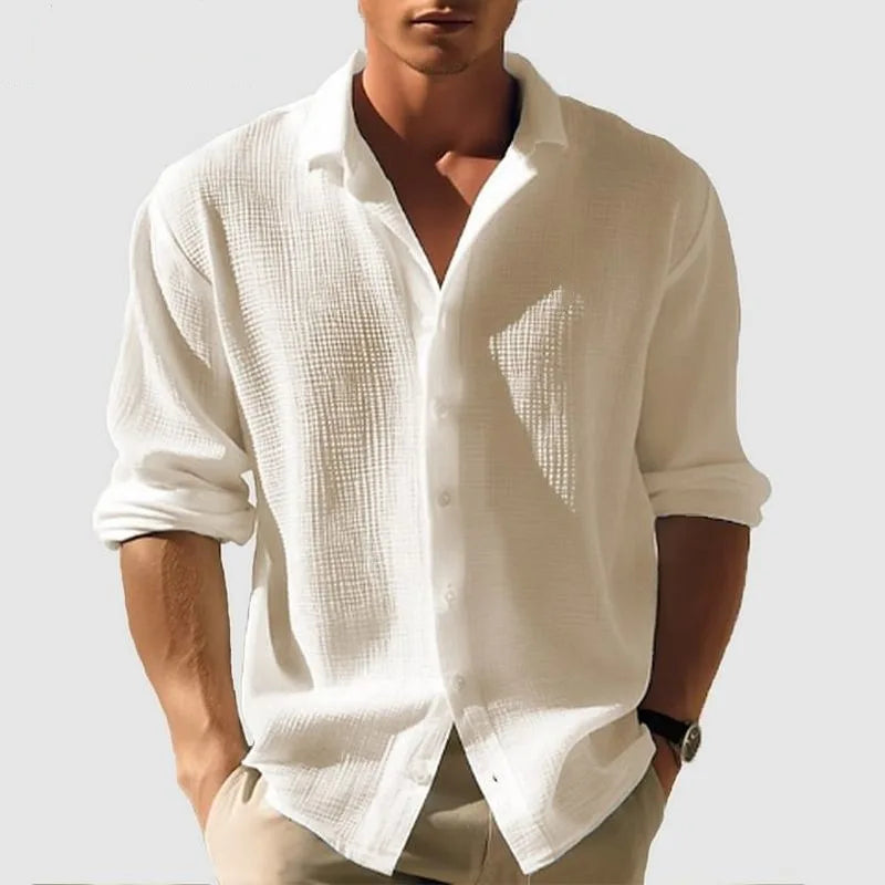 Men's Waffle Blouse – Casual Long Sleeve Button-Up Top