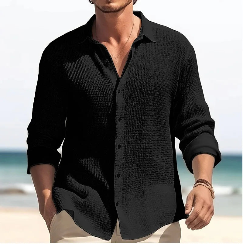 Men's Waffle Blouse – Casual Long Sleeve Button-Up Top