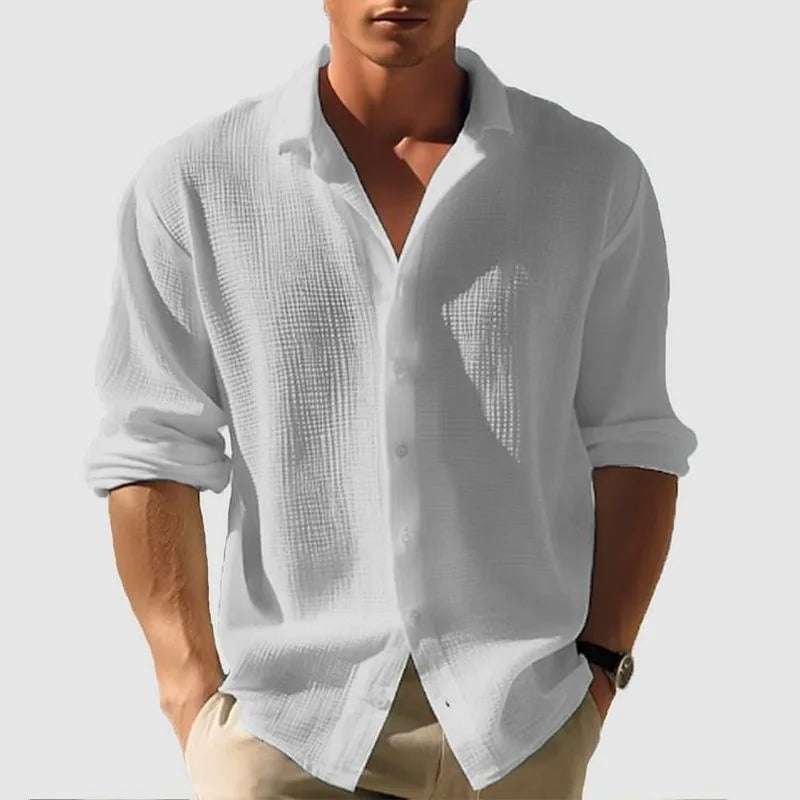 Men's Waffle Blouse – Casual Long Sleeve Button-Up Top