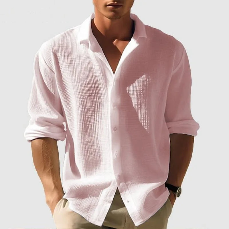 Men's Waffle Blouse – Casual Long Sleeve Button-Up Top