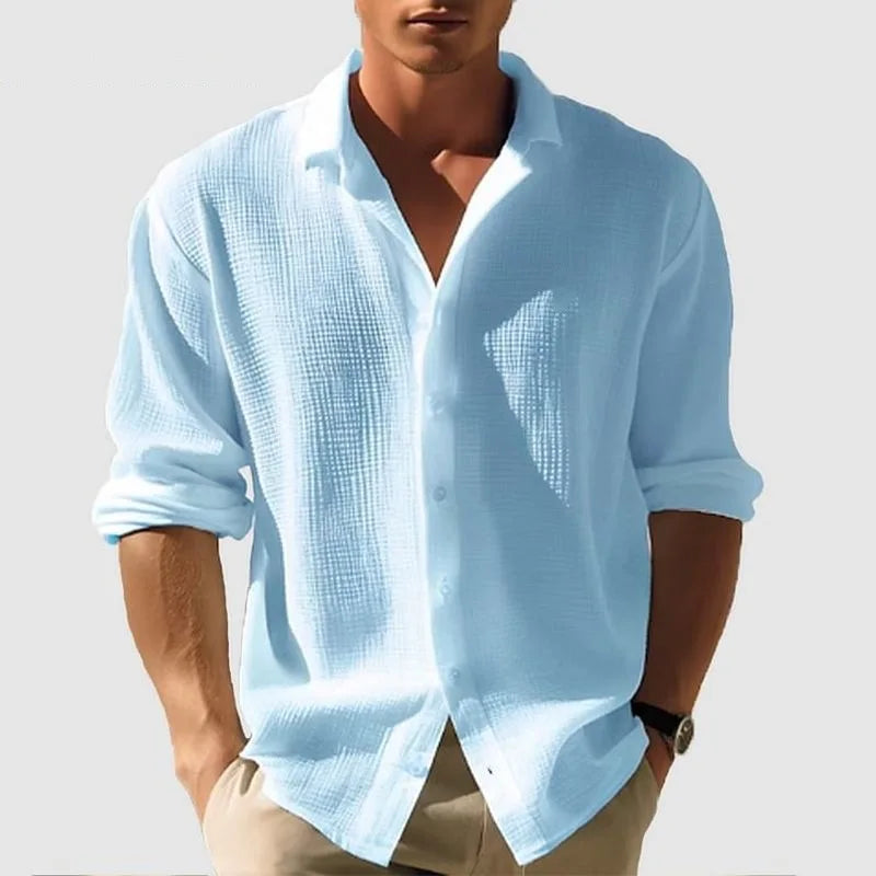Men's Waffle Blouse – Casual Long Sleeve Button-Up Top