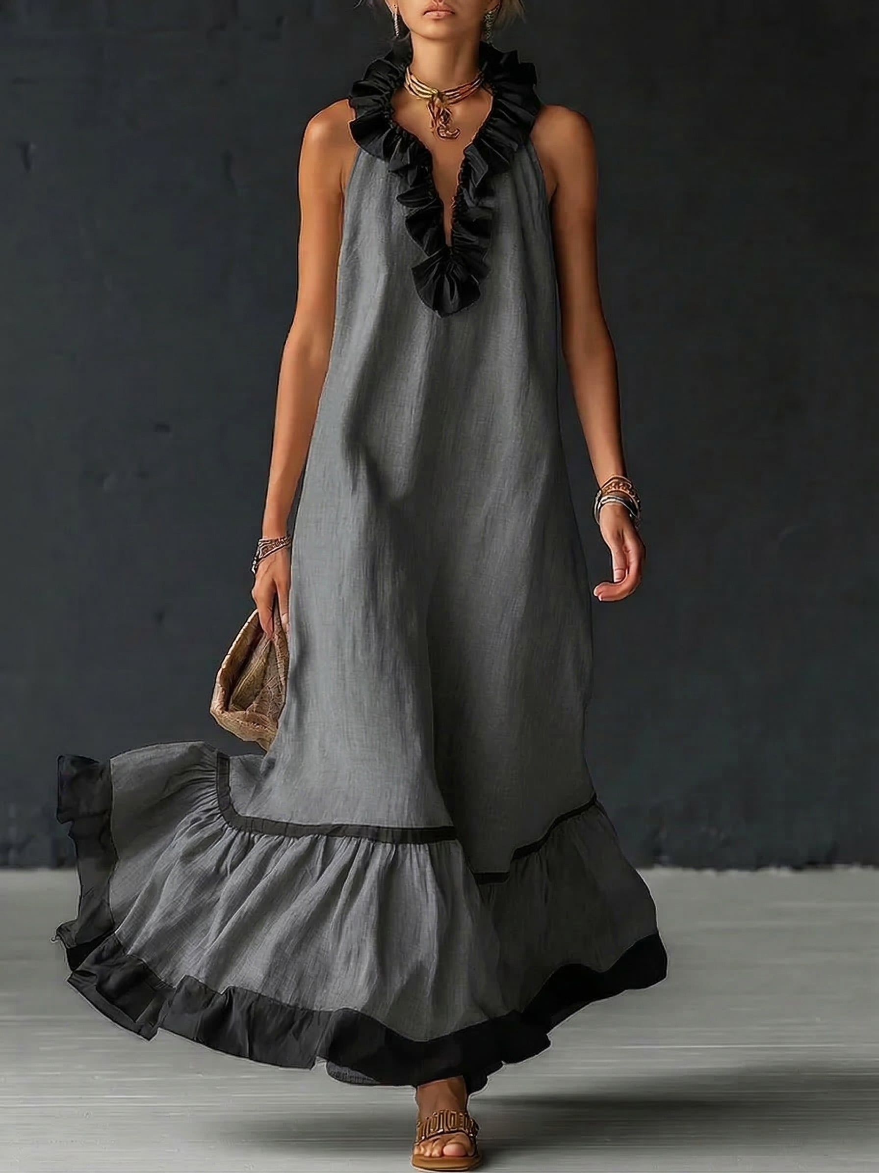 Celestine | Color-Block Ruffle Maxi Dress
