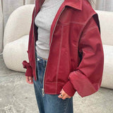 Oversized Zip Up Contrast Stitch Collared Bomber Jacket