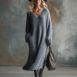 Anselma - V-neck Gray Knitted Maxi Dress