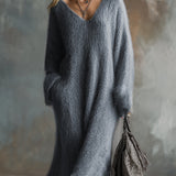 Anselma - V-neck Gray Knitted Maxi Dress