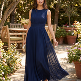 Ruched Chiffon Crew Neck Sleeveless A-Line Maxi Dress for Women