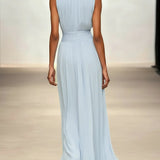 Ruched Chiffon Crew Neck Sleeveless A-Line Maxi Dress for Women